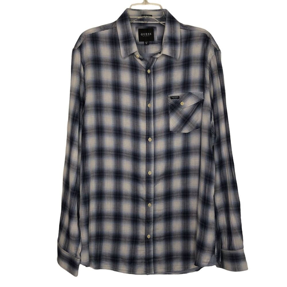 Guess Mens Blue Plaid Slim Fit Button Up Shirt  XXL Business Casual Cabincore